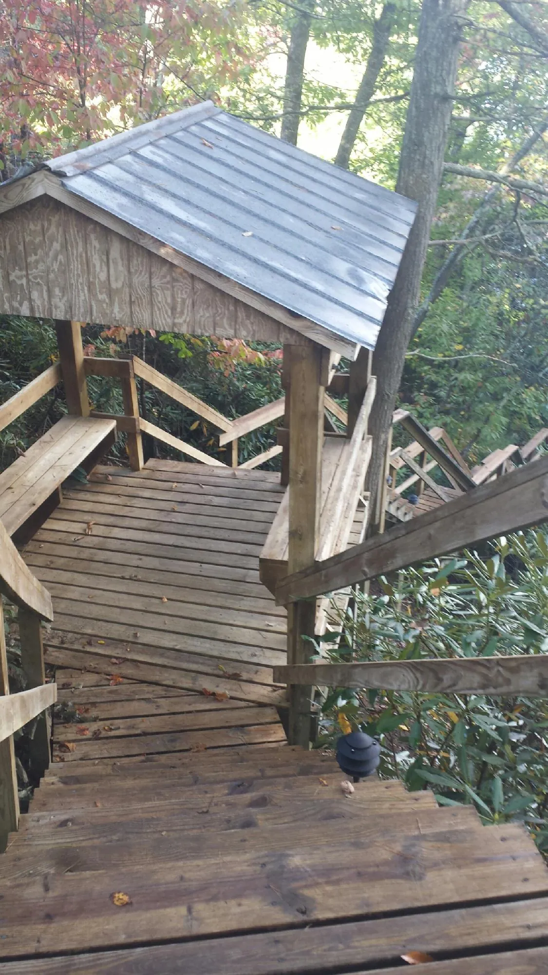 Metal roofed shelter over wooden steps on a wooded walkway — Skylight Repair & Installation work by our crew in Lakeshore